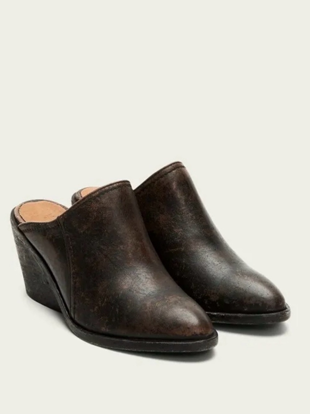 Frye Serena Mules Distressed Leather Size 7 Slip On Wedge Shoes Black and Brown